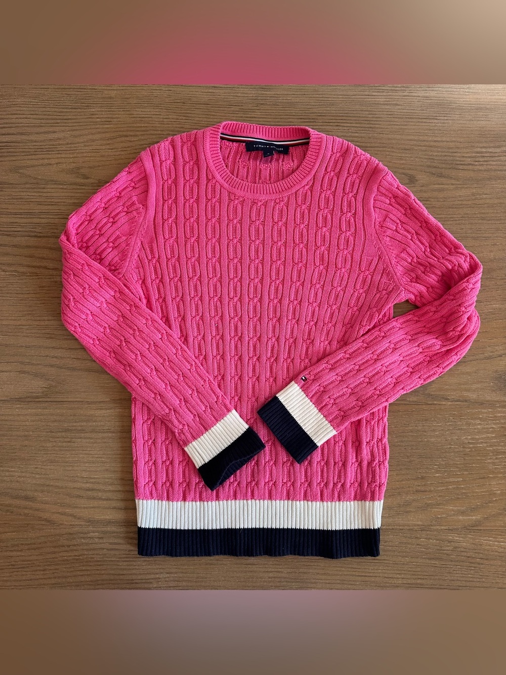 Tommy Hilfiger Women’s Medium Pink 100% Cotton Cable Knit Sweater
